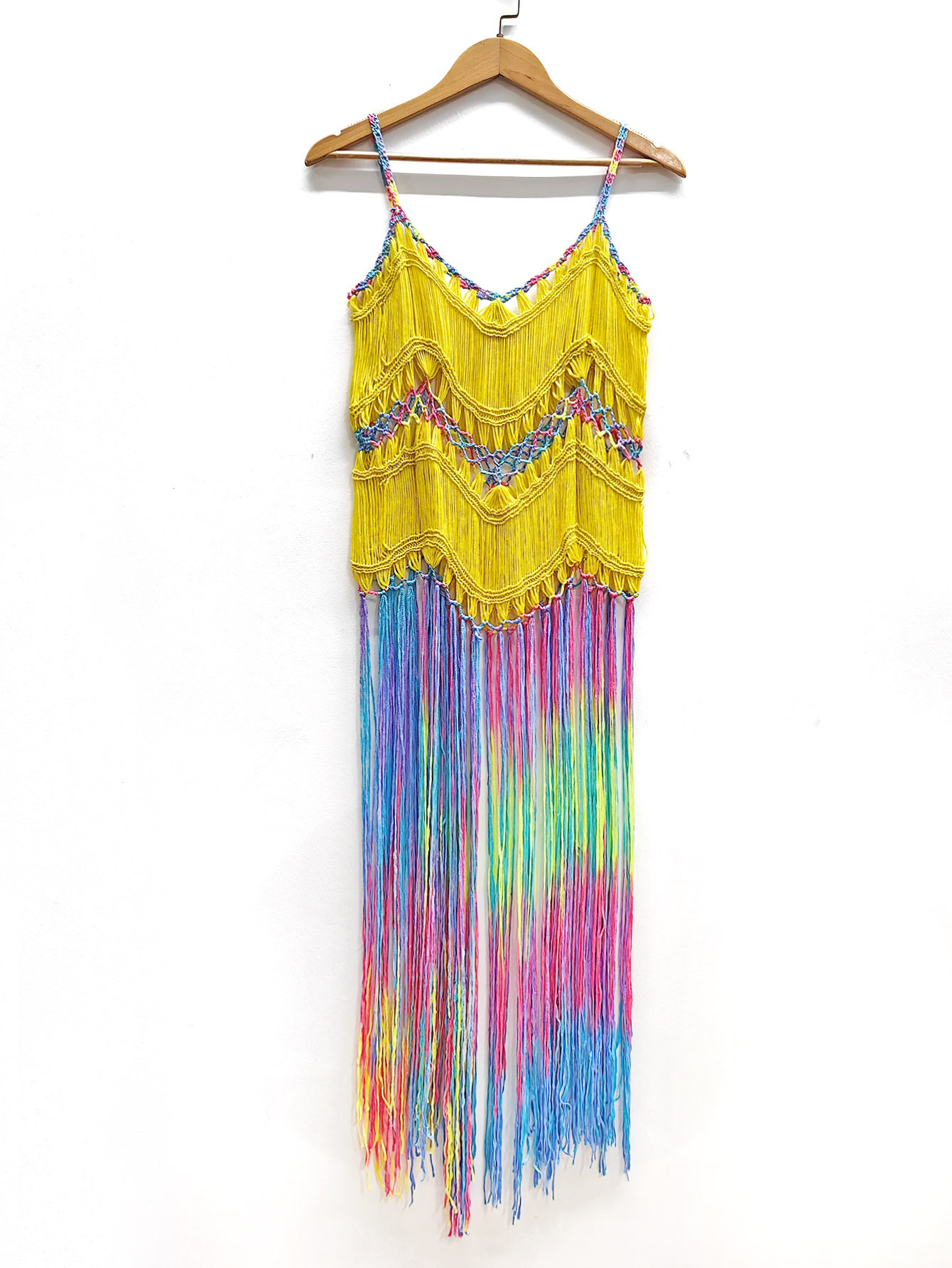 Women's Clothing Women's beach vacation blouse women's clothing pure hand-crocheted dyed tassel skirt random gradient suspender skirt_voghion.com
