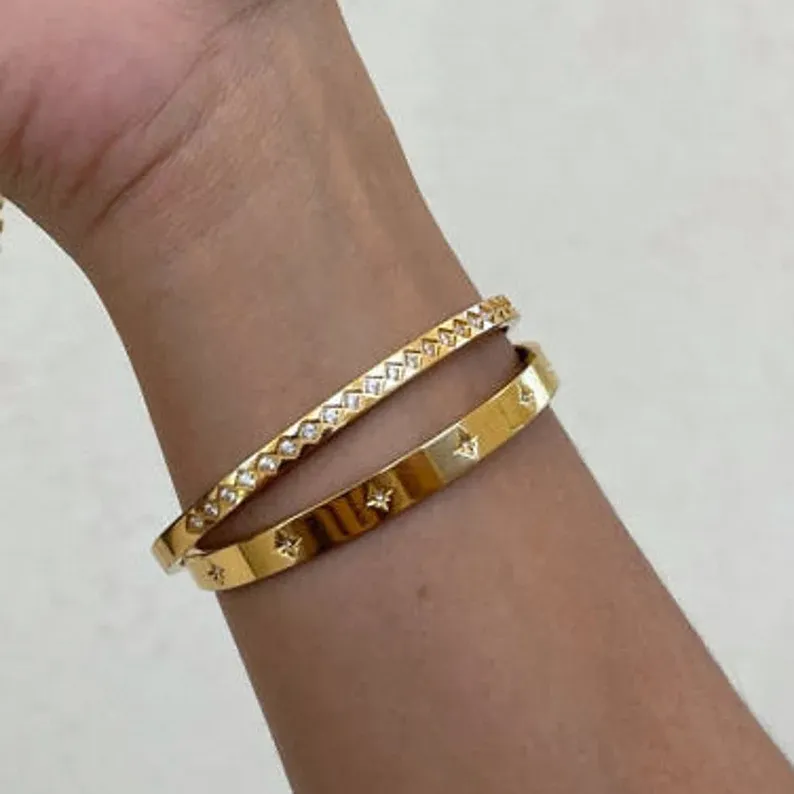 New Waterproof Stainless Steel Stacking Open CZ Cuff Bangles Gold Plated Star Zircon Bracelet Women INS Summer 2022_voghion.com