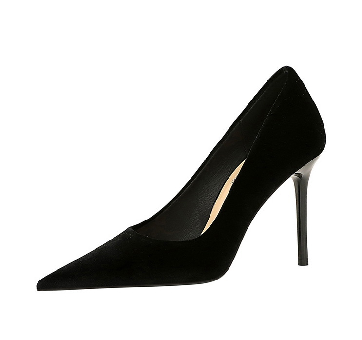 3739-5 Scarpe singole a punta con bocca bassa da donna con tacco alto sottile in pelle scamosciata ispessita alla moda e semplice_voghion.com