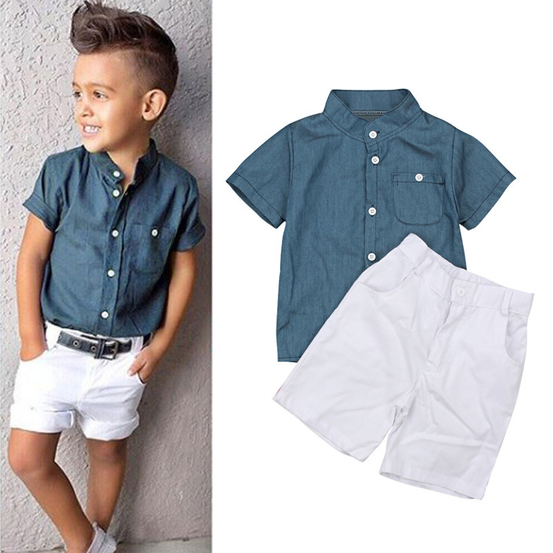 Mother&KidsChildren's summer boys short sleeve blue shirt top + white shorts trend two sets of ins