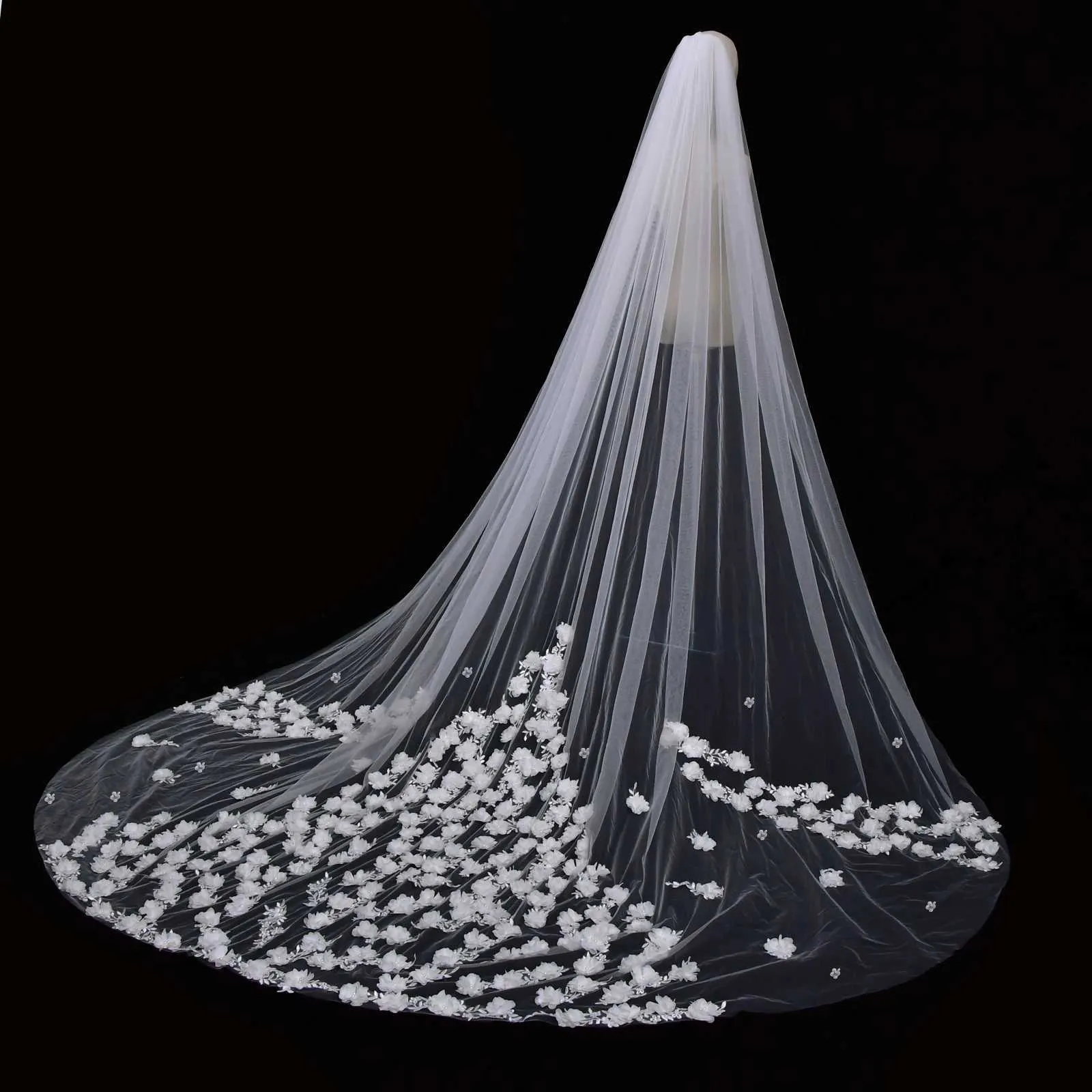 Hair Jewelry V123 Full Flowers Lace Beaded Wedding Veil Long Cathedral Style Soft Bridal Illusion With Comb Bride_voghion.com