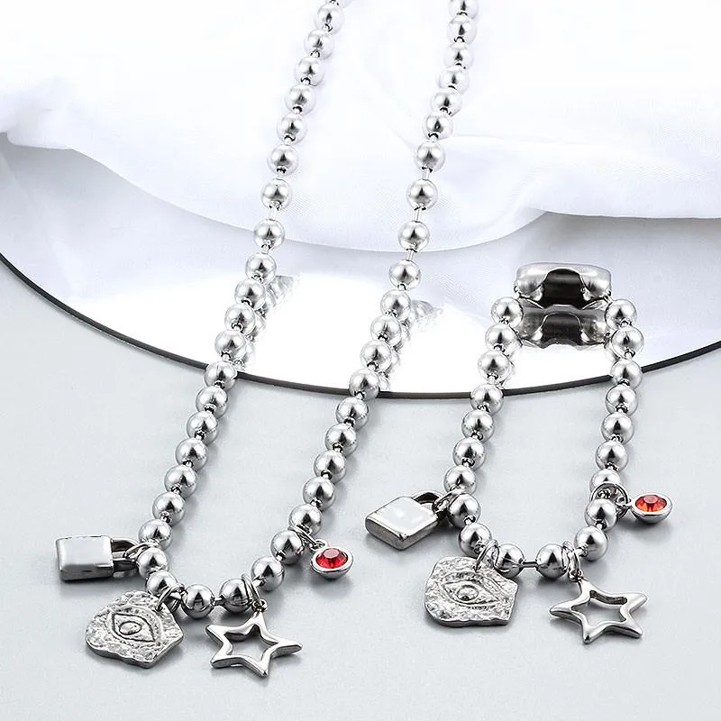Cadenas de moda de acero inoxidable color plata regalo redondo bola blanca mujeres hombres cerradura llave UN 50 8 mm cuentas colgantes collar_voghion.com
