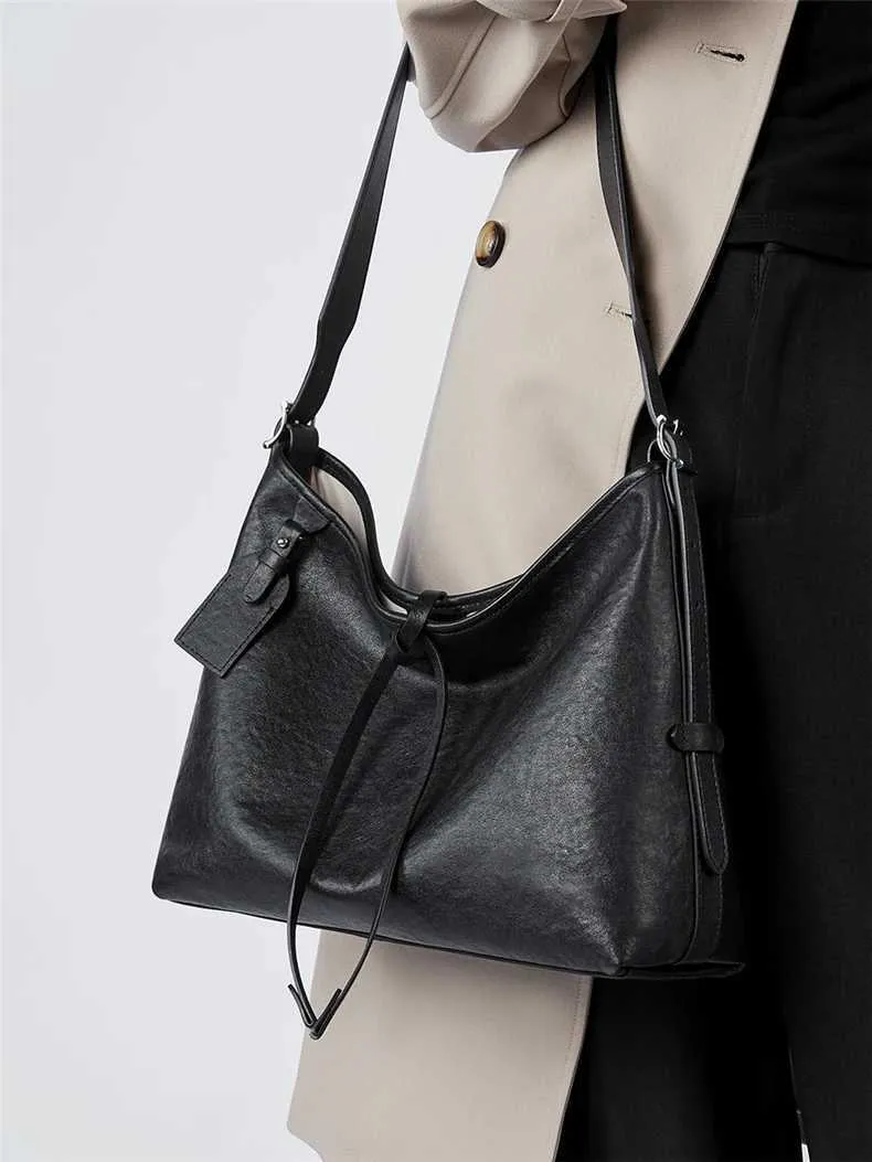 Toptrends Vintage Echtes Leder Große Unterarm Schulter Taschen Für Frauen 2024 Designer Einfache Weibliche Tote Hobo Damen_voghion.com