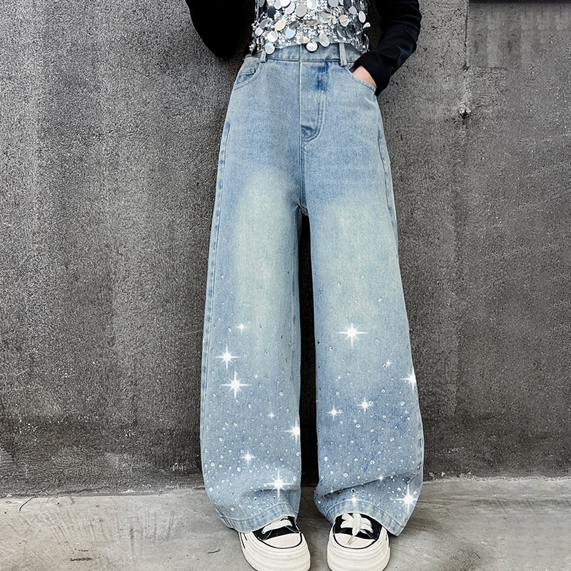 Combinaison en jean pour mère et enfant, tendance printemps 2025, nouvelle version coréenne, pantalon large à paillettes pour enfants, streetwear, tendance diamant_voghion.com
