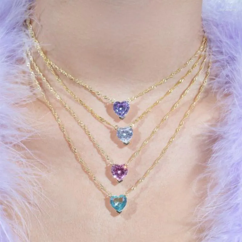 Pendant Necklaces Colorful Crystal Heart For Women Stainless Steel Gold Chain Zircon Blue Pink Necklace Sister Jewelry_voghion.com
