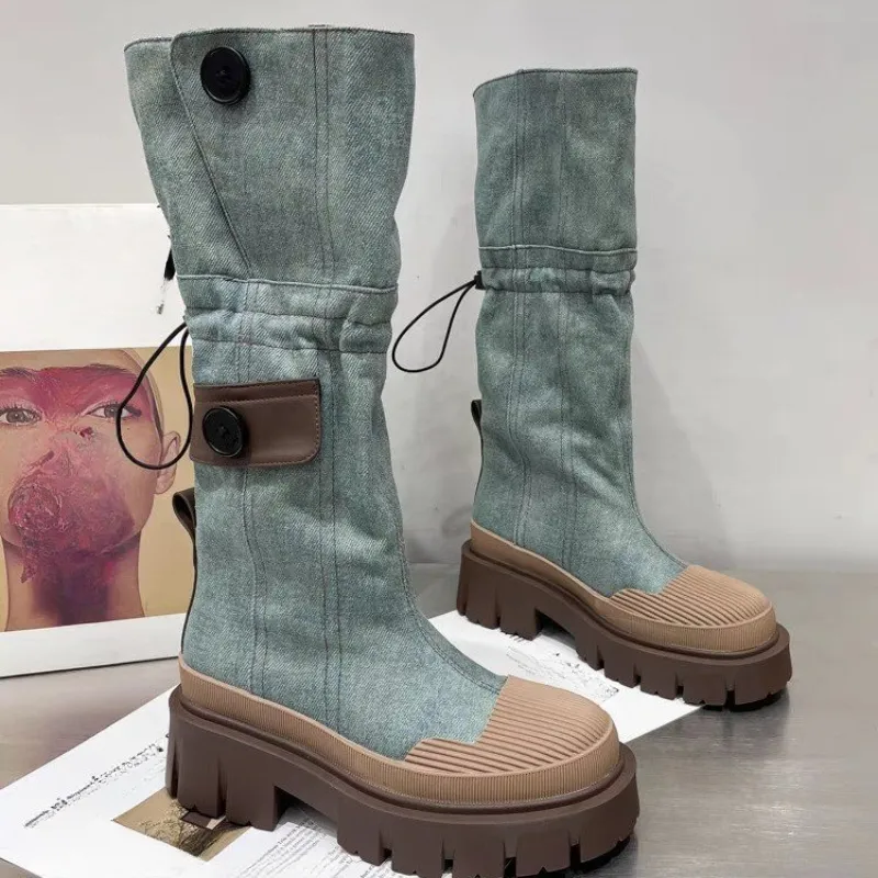 Retro Denim Chunky Platform For Women 2024 Autumn Patchwork Western Style Cowboy Boots Woman Thick Heels Mid Calf Botas_voghion.com