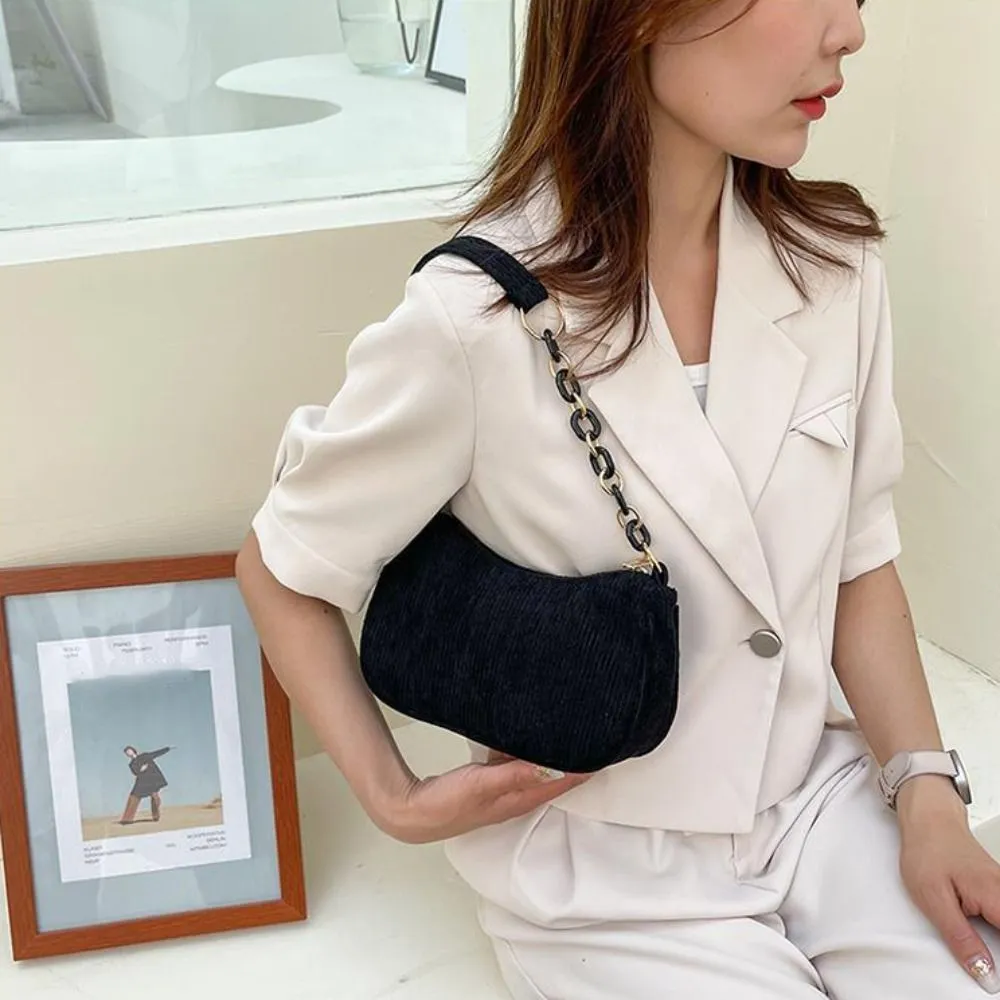 Hobo Chain Corduroy Shoulder Bag Korean Style Solid Color Crossbody Storage Makeup Lipstick Veet Underarm_voghion.com