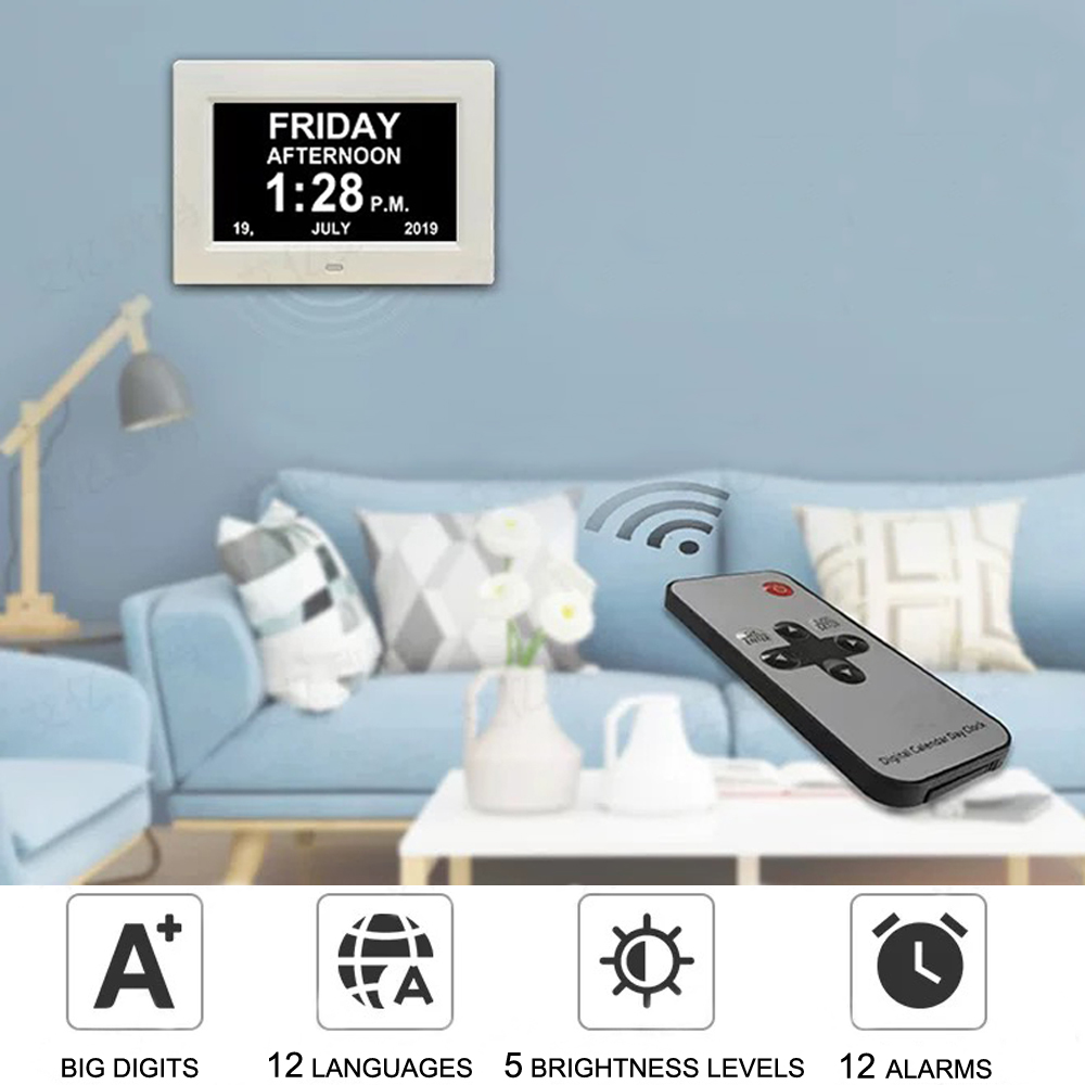 Ceas calendaristic digital cu 12 alarme LED, cu afișaj în mai multe limbi. Memento pentru ora de administrare a medicamentelor pentru vârstnici. Decorațiune de perete pentru birou._voghion.com