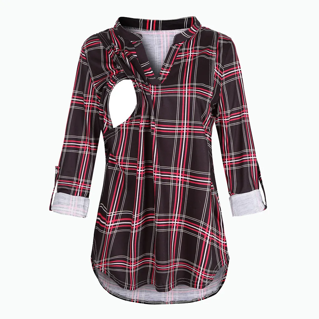 Tees Annelik Emzirme Tişörtü V Yaka Bluzlar Gömlekler Uzun Kollu Çizgili Emzirme Üstleri Hamile Kadınlar İçin Giysiler_voghion.com