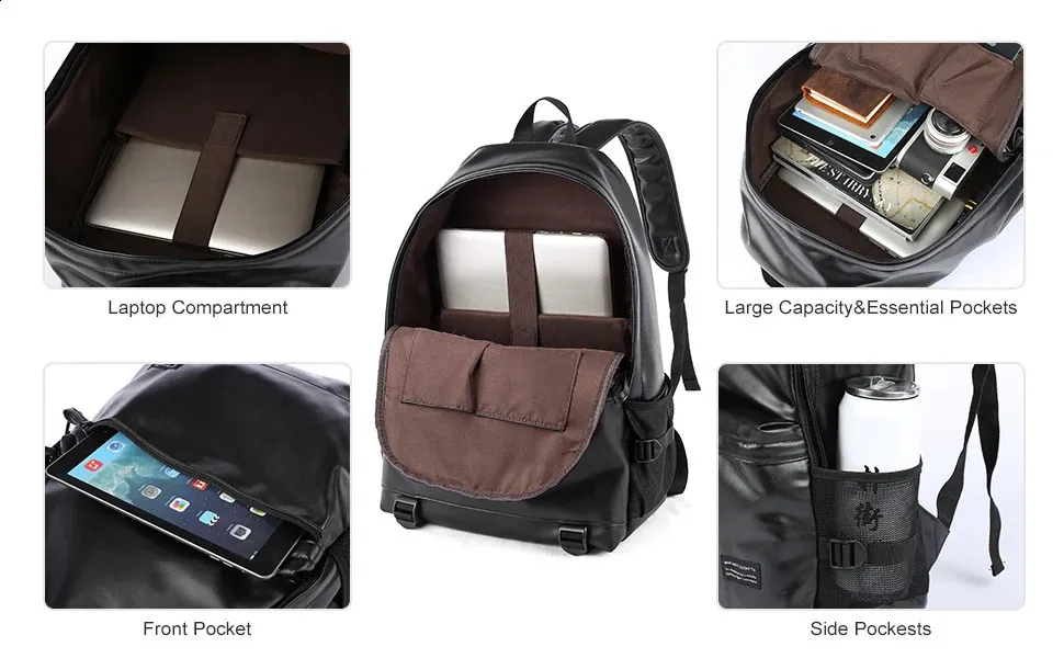 Schwarzer Leder für Herren Business Travel Wasserdichter Daypack PU 16 Zoll Laptop-Rucksack 240829_voghion.com