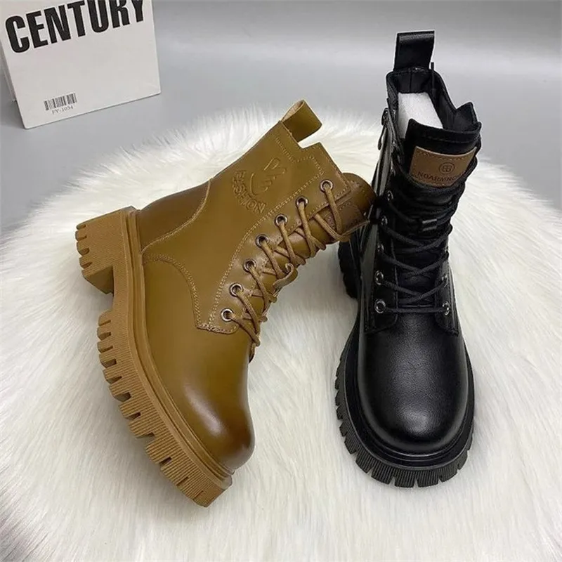 British Retro Style New Autumn/Winter Thick Bottom Zipper Lace up Black Classic Anti slip and Wear resistant Short Boots_voghion.com