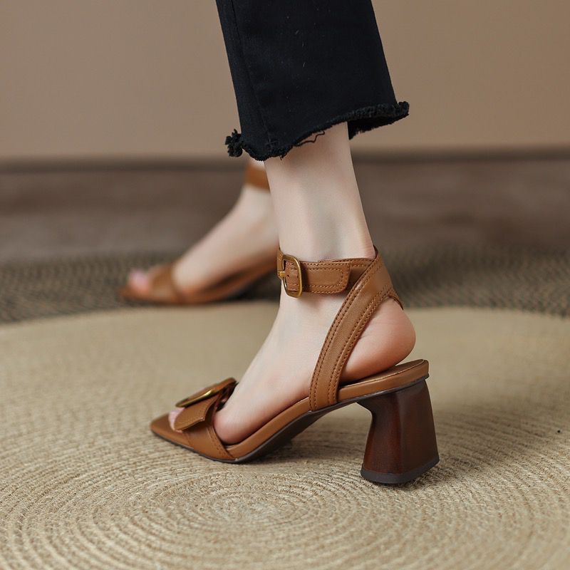 Metal High Heels Summer Square Toe for Women Vintage Buckle Lady Sandals Mid Heel Female Pumps_voghion.com