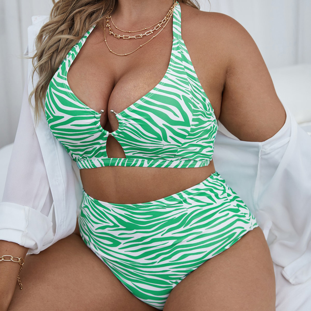 Women's large size striped print multi-color high waist backless lace-up hollow sexy split bikini women_voghion.com