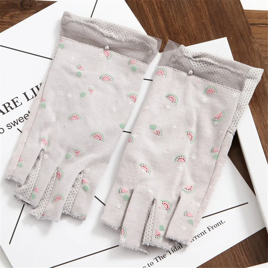 Fashion-Women Half Finger Working Sun Protection UV Cotton Gloves Female Student Summer Fingerless Driving Non-Slip_voghion.com