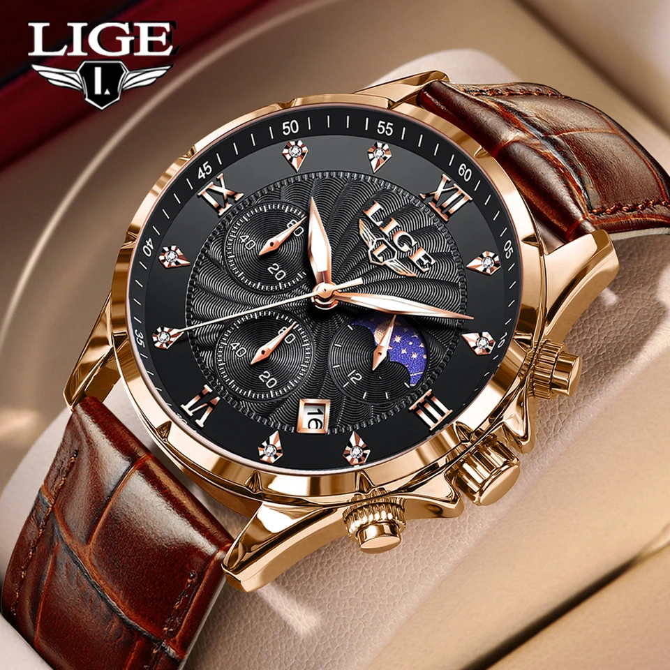 Men's Luxury Quartz Watch With Moon Phase Leather Strap Date_voghion.com