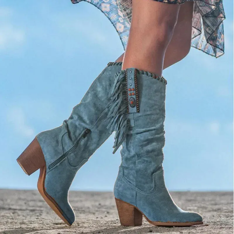 Autumn Winter Retro Sexy Slim Womens Knee Square High Heels Pointed Toe Platform Tassel Western Denim Shoes 241024_voghion.com