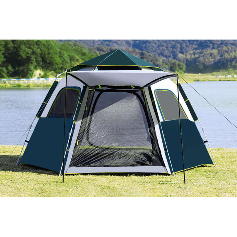 Cort de camping portabil complet automat pentru exterior, hexagonal pliabil, lipici argintiu gros, protecție solară, camping respirabil_voghion.com