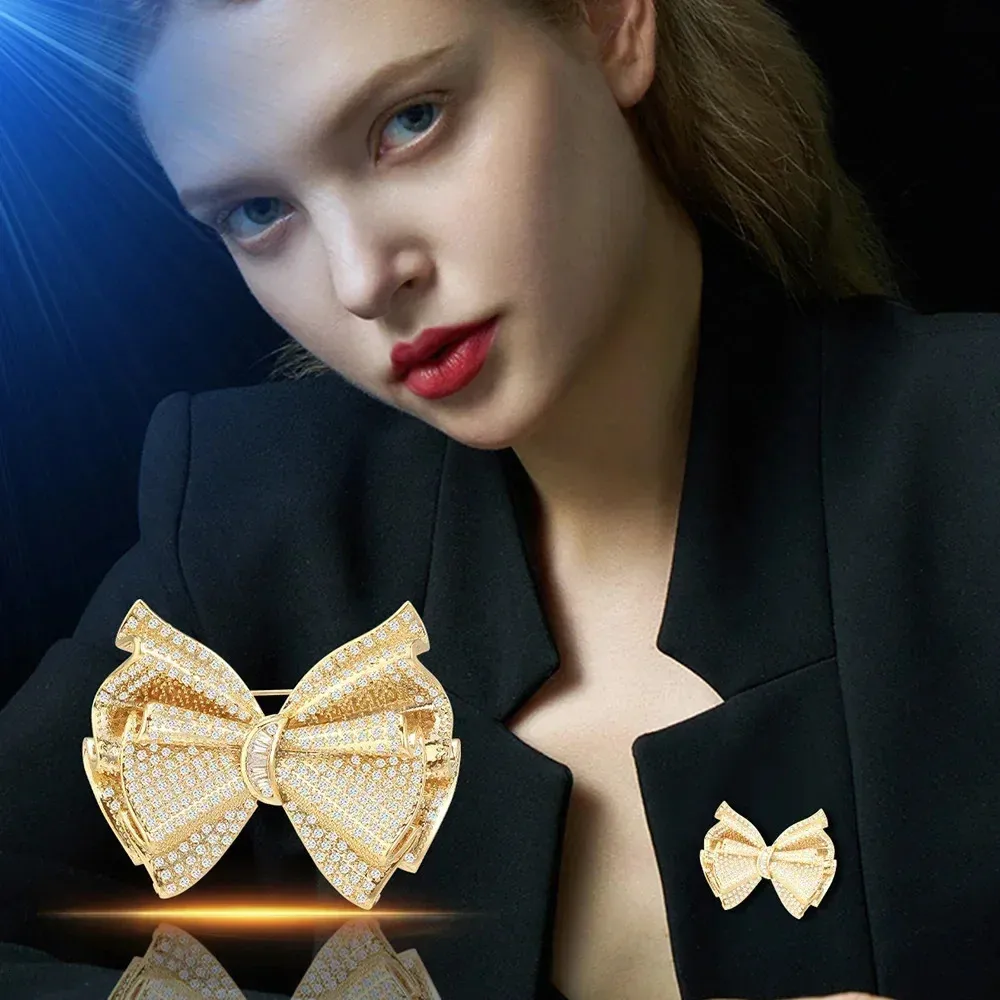 Bowknot Broocohes for Women Wedding Party Office Gold White Full Rhinestone Brooch Pins Jewelry Gifts Direct Selling 240710_voghion.com