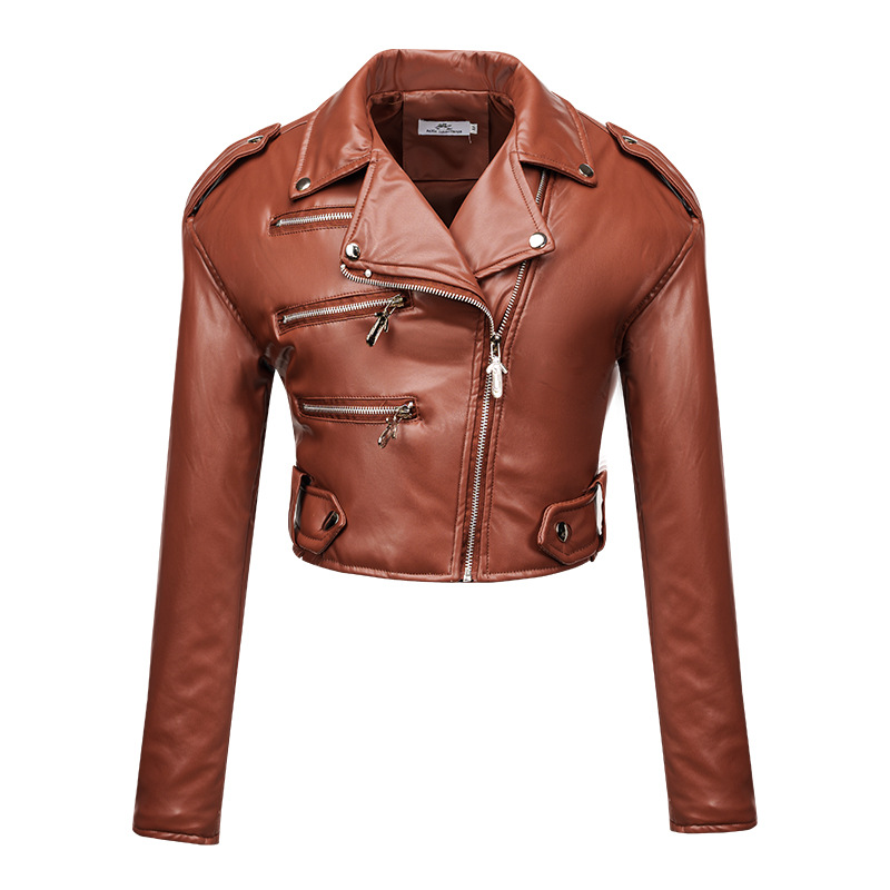 Vêtements pour femmes veste en cuir pour femme style slim court avec coton taille haute manches longues revers fermeture éclair oblique veste en cuir pu