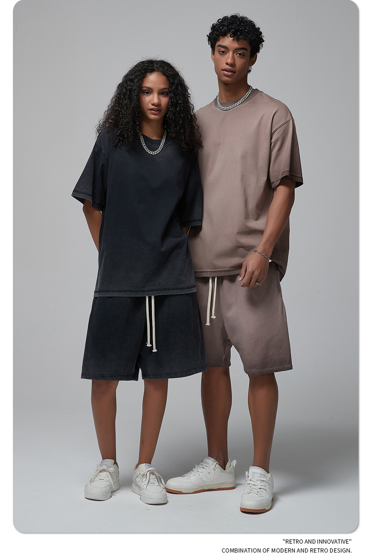 Vêtements pour hommes Été Teints Vieux Lavé Costume Homme et Femme Manches Courtes Shorts Street Fashion Rétro Couple Tenue_voghion.com