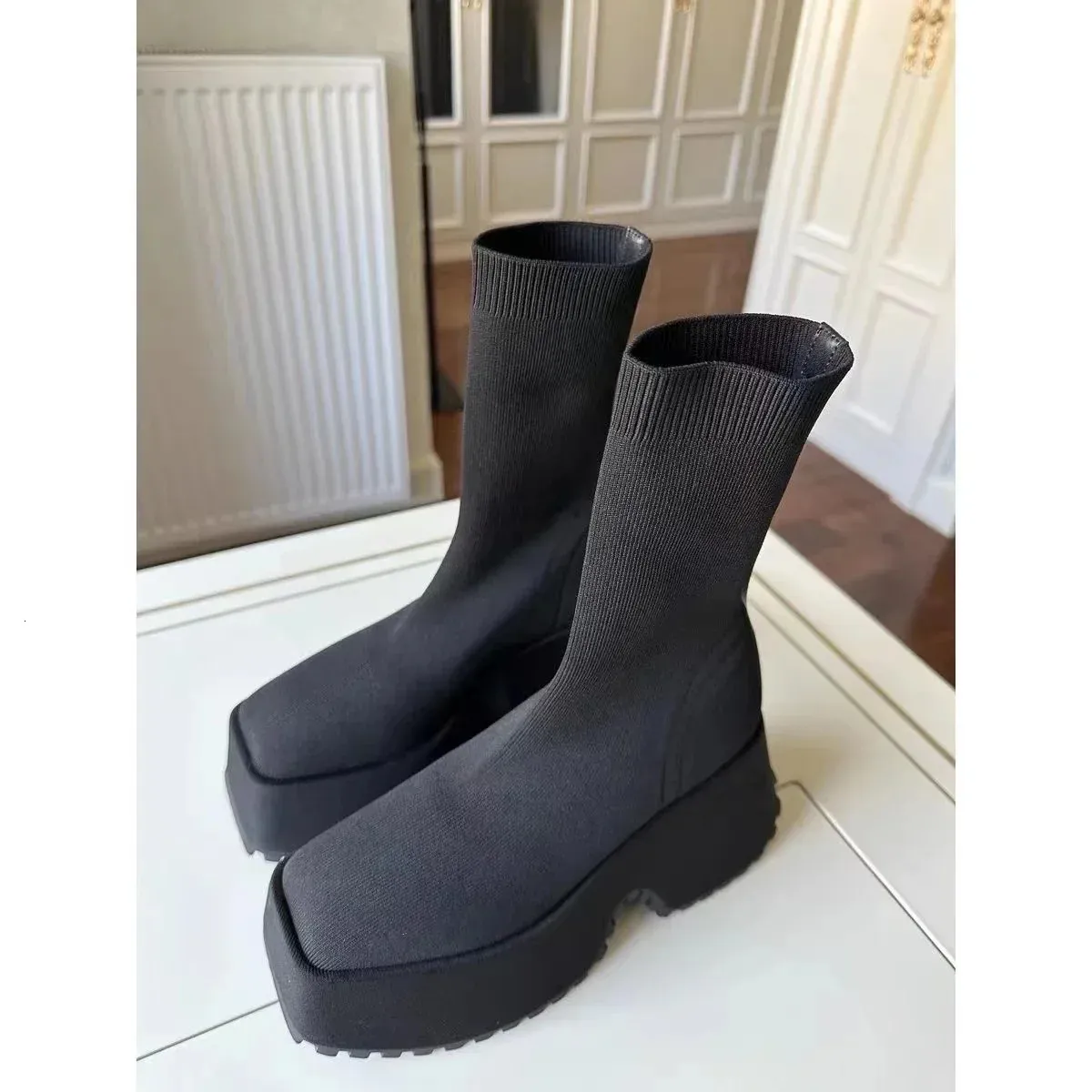 Șosete pantofi casual cu platformă ascunsă pentru femei, toamnă, tricotate, scurte, cizme cu platformă 11cm 241022_voghion.com