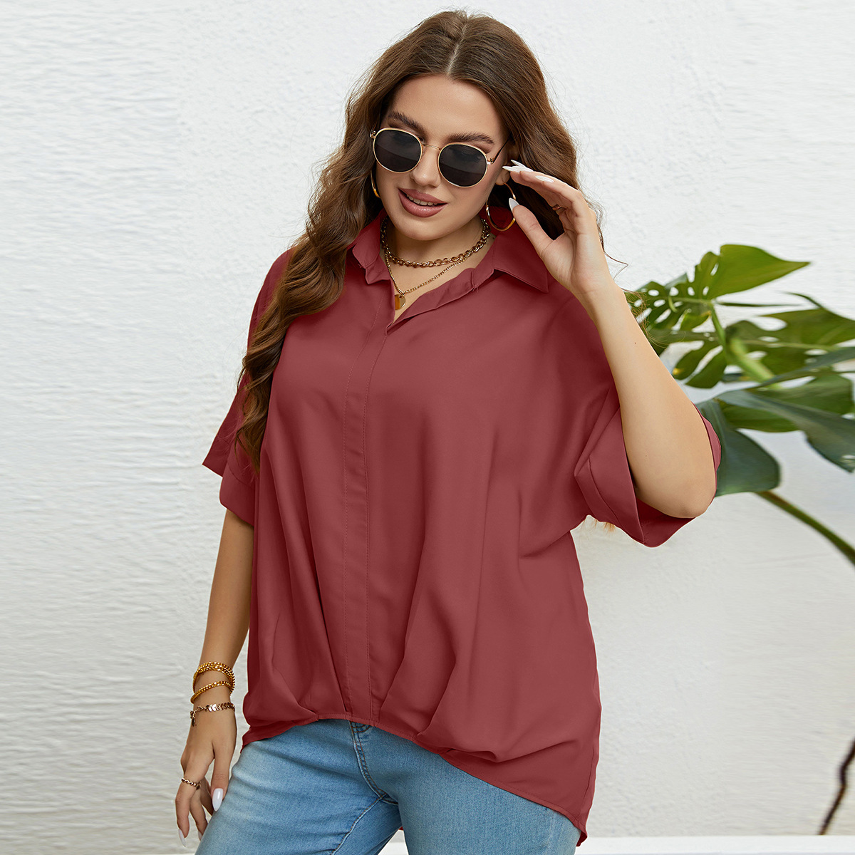 Topuri pentru femei, cu decolteu în V, slim fit și mâneci în cinci puncte, mărimi mari_voghion.com