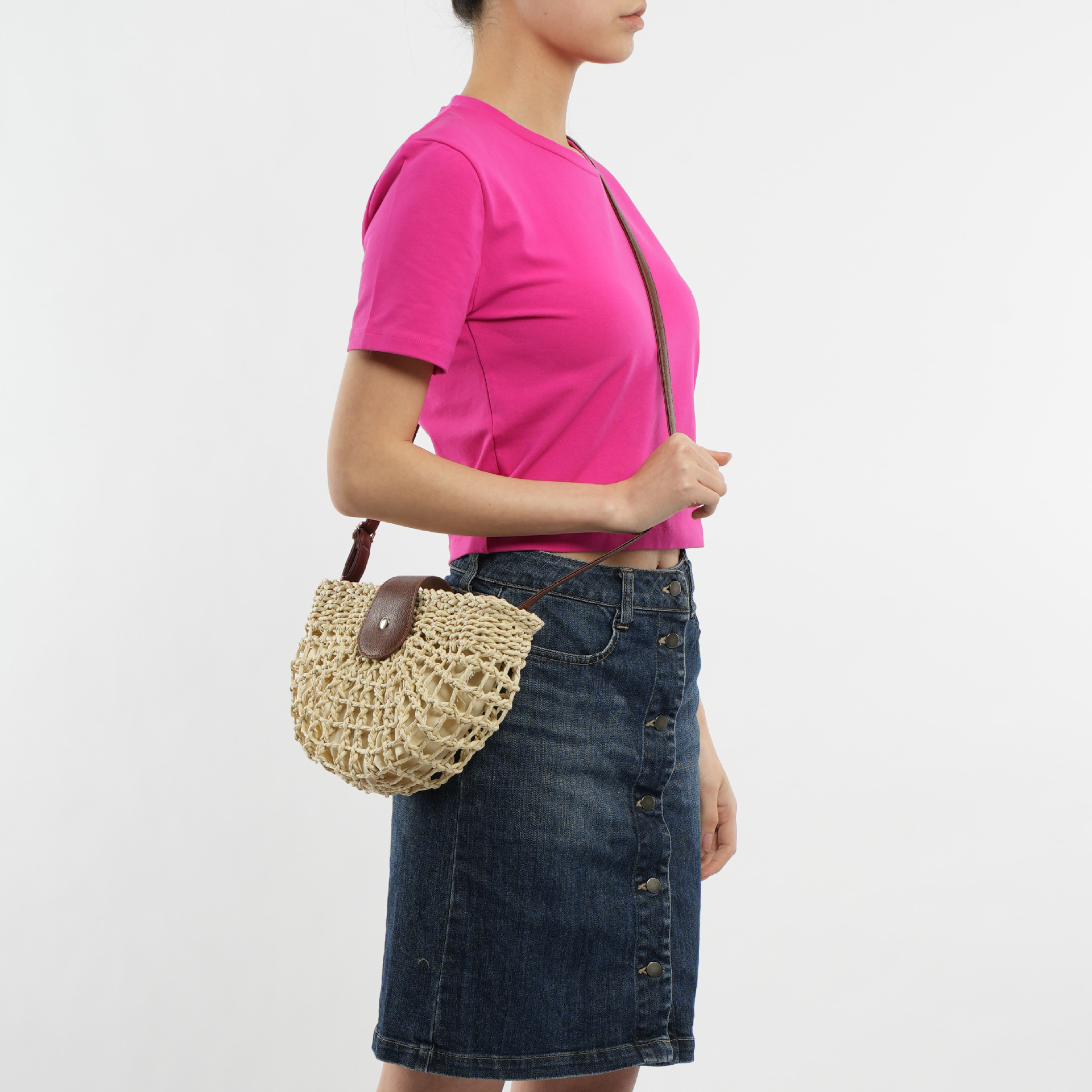 Halbrunde hohle Strohtasche Strand handgewebte Tasche Urlaub Damentasche Umhängetasche_voghion.com