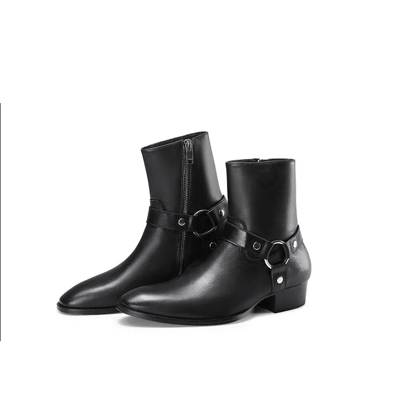 Vente chaude - Mode Biker Chaînes Cheville Hommes Bout Pointu Boucle En Cuir Marron Bottes Habillées Chaussures Hommes_voghion.com