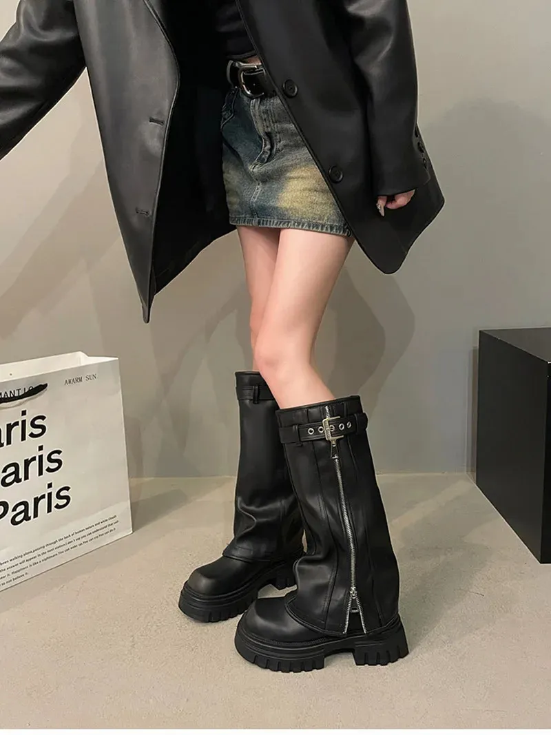 Damenmode Stiefel Winter Biker Gürtelschnalle Damen Elegante Plattform Lange Rohr Casual Damen Kniehohe Booties 2_voghion.com