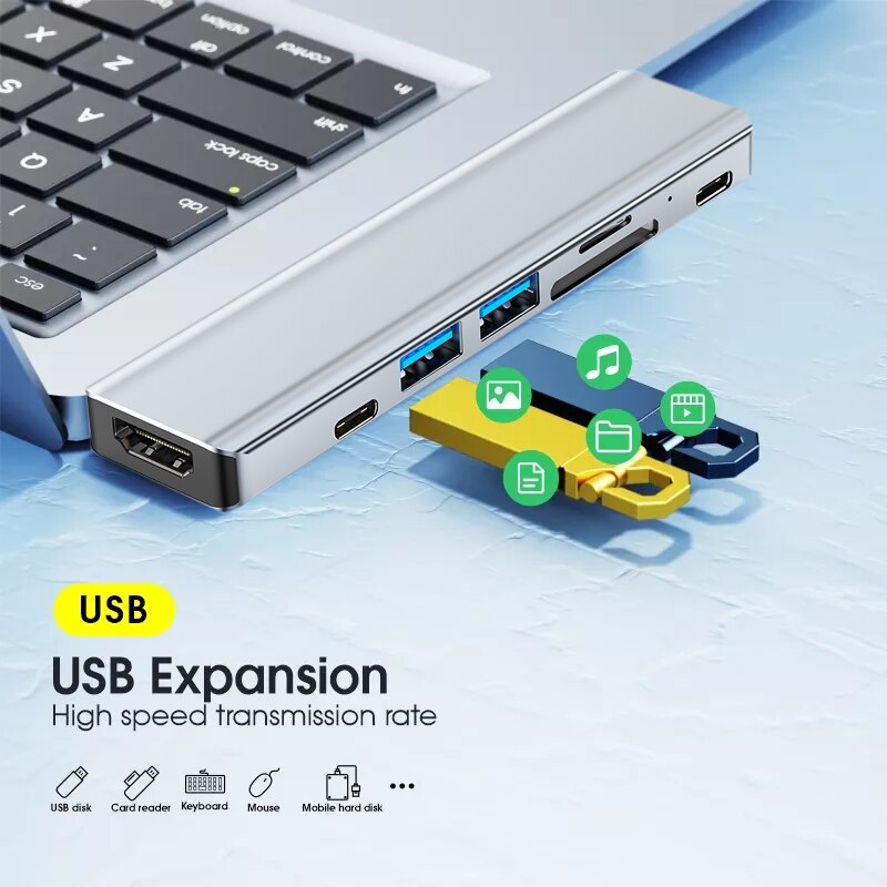 7-in-1-Hub mit Doppelstecker Typ C, 4K HDMI-kompatible USB-C-Dockingstation 3.0, TF-SD-Lesegerätsteckplatz, PD für MacBook Pro/Air 2018 bis 2020_voghion.com