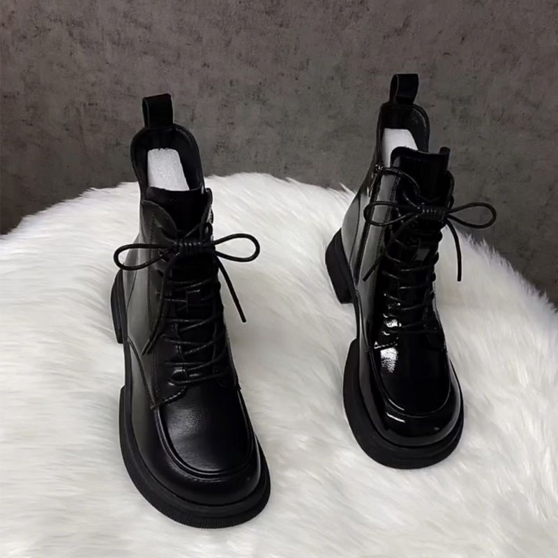 Bright Leather Martin for Women's Autumn and Winter 2024 New Lace up Mango Head Short Heel Thick Sole Spring Single with