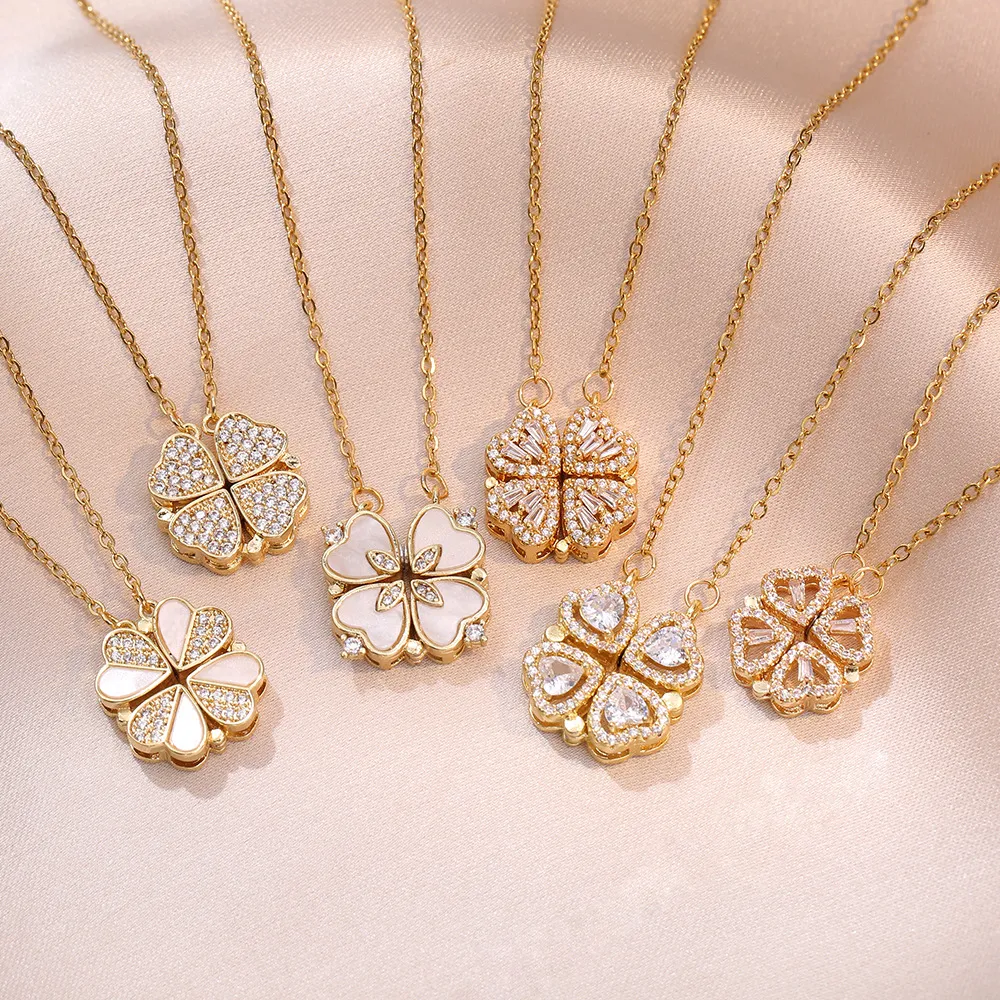 Collane vintage con quadrifoglio portafortuna per donna, stile gotico, ciondolo a forma di cuore, collana girocollo con catena in acciaio inossidabile._voghion.com
