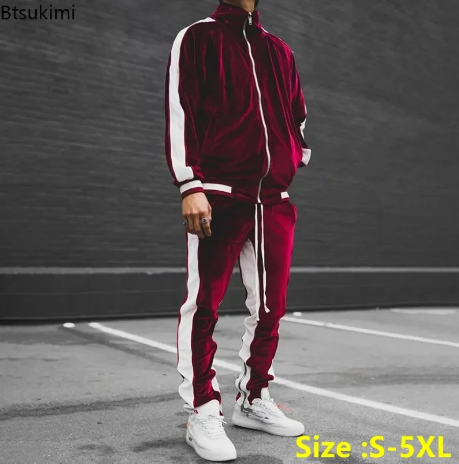 New 2024 Spring Autumn Men's Veet Set Sport Suit Male Velour Thick Hoodies+ Pants Warm Sweatshirt Sportswear Tracksuit