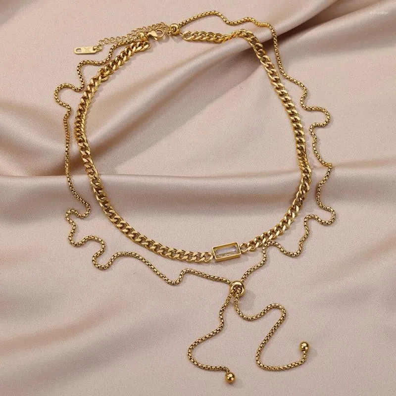 Collane con ciondolo in acciaio inossidabile, cristallo quadrato, zircone, per donna, collana girocollo a catena cubana multistrato, matrimonio_voghion.com
