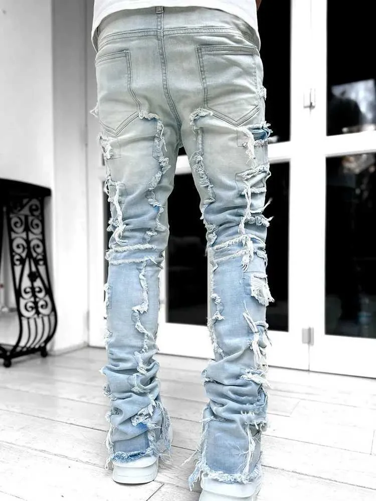 Mens Streetwear Ripped Jeans Fashionable Cool Stretch Pink Stacked Edge Denim Mens Y2K Punk Patch Work Hip-hop Pants_mkmklike.com