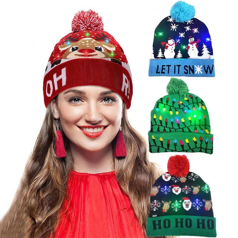 hats Scarves Sets Ball Caps Led Knitted Beanie Light Up Illuminate Warm Hat For Kid Adults Year Christmas Decoration_voghion.com