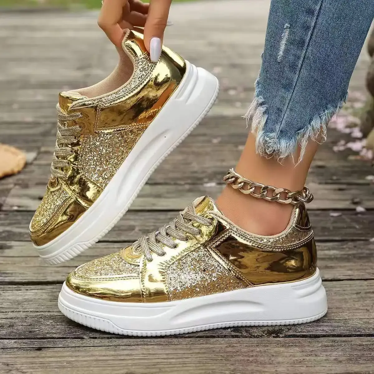 Women's Gold Sequins Platform Sneakers Autumn Fashion Casual Sports Thick Bottom Vulcanized Woman Flats Heels Shoes_voghion.com