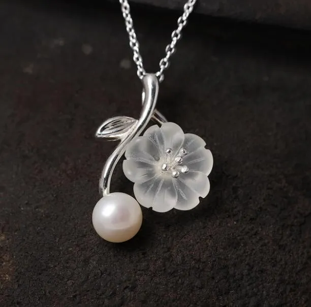Anheng Halskjeder Ekte Sterling Sier Håndlagde Designer Fine Smykker Hvit Naturlig Perle Delikat Plommeblomst Blomst_voghion.com