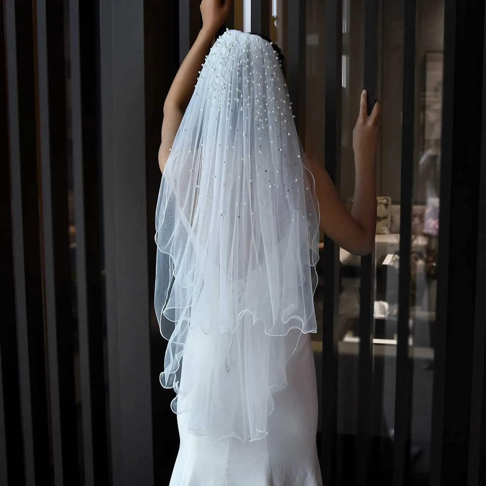 Hair Jewelry MZA32 2 Tier Veil With Blusher Pearls Bridal Veils Elbow Length Wave Pencil Edge Soft Wedding Accessories_voghion.com