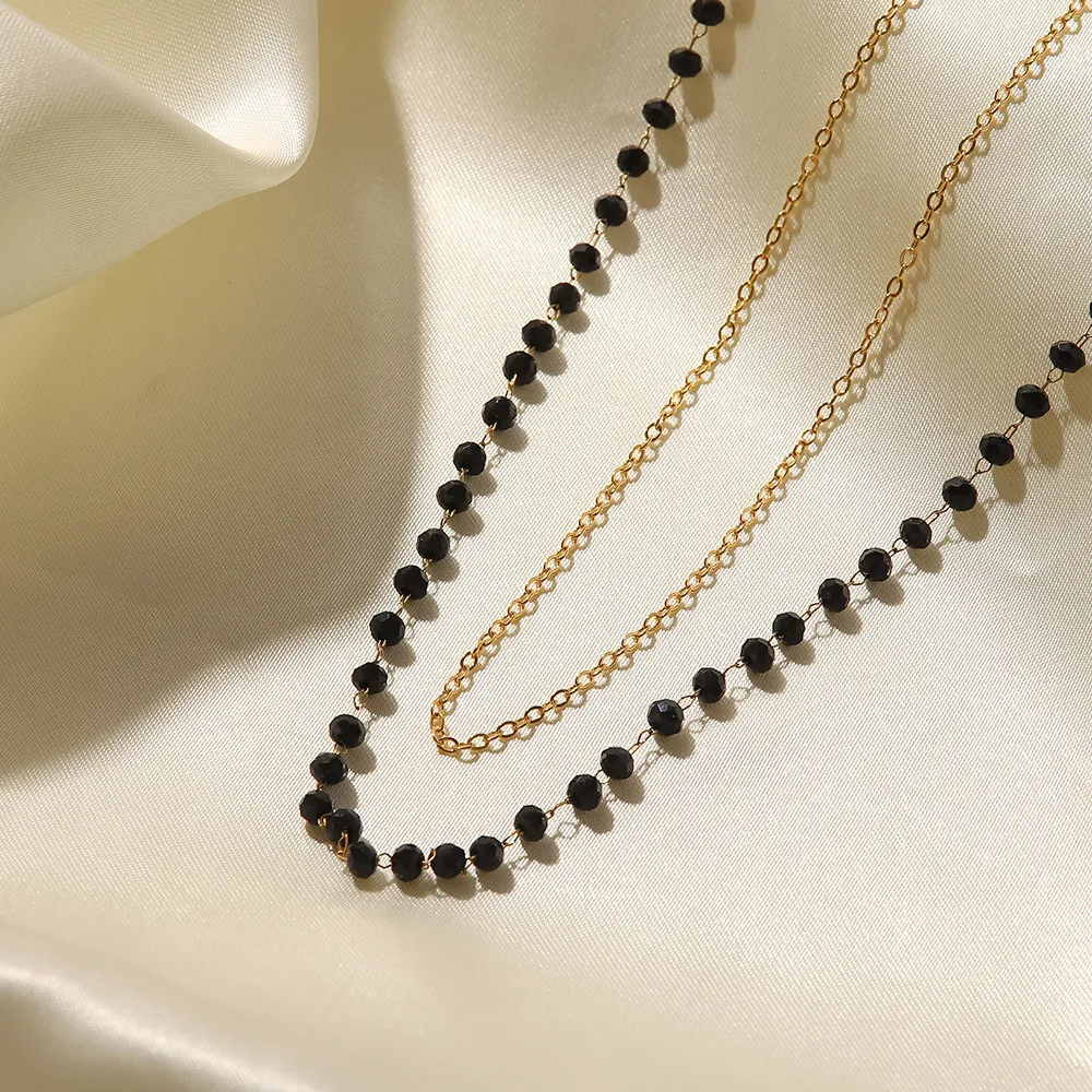 Lanțuri stil boho din oțel inoxidabil cu mărgele negre și piatră de sticlă dublă colier felie accesorii pentru femei_voghion.com