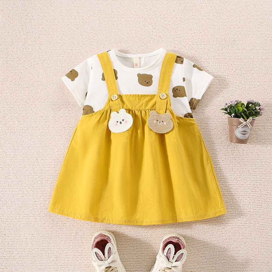 Baby Mädchen Kurzarm Kleid Bär Gedruckt Kleid Sommer Atmungsaktive Kinder Kleidung_voghion.com