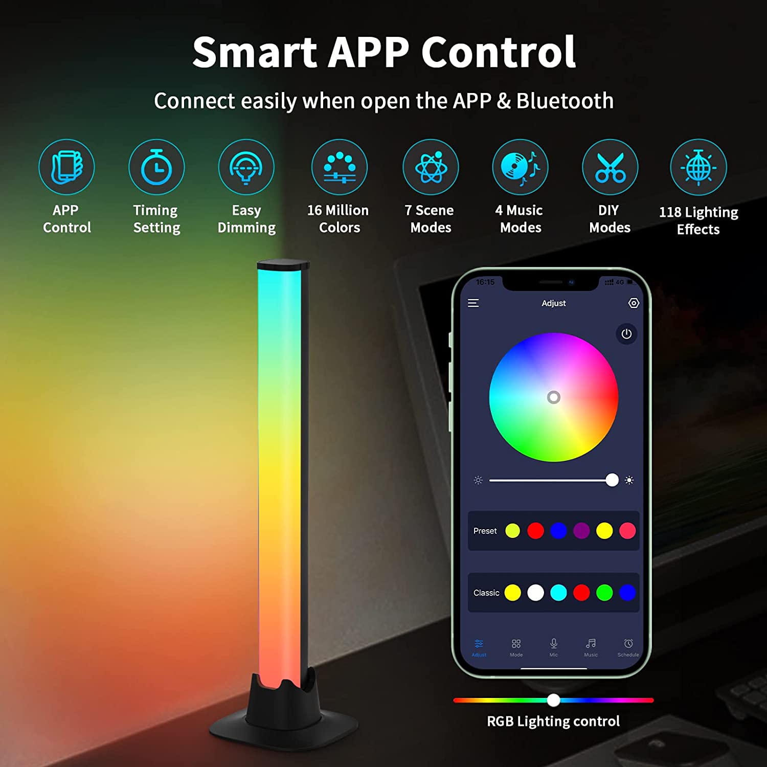 Nutikad RGB LED-valgustid Öövalgusti Bluetooth-rakendusega Juhtige muusikarütmi tuled Taustvalgus mänguteleri jaoks, ruumi dekoratsioonilamp_voghion.com