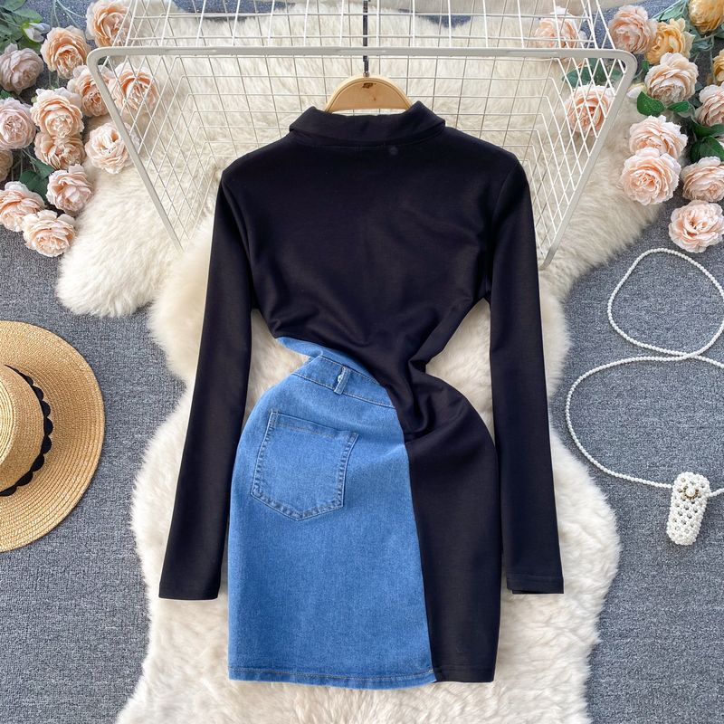 Clothing 2024 Spring Women's Design Color-contrast ing Niche Zipper Slim Short Denim Hip Skirt Dress Women_voghion.com