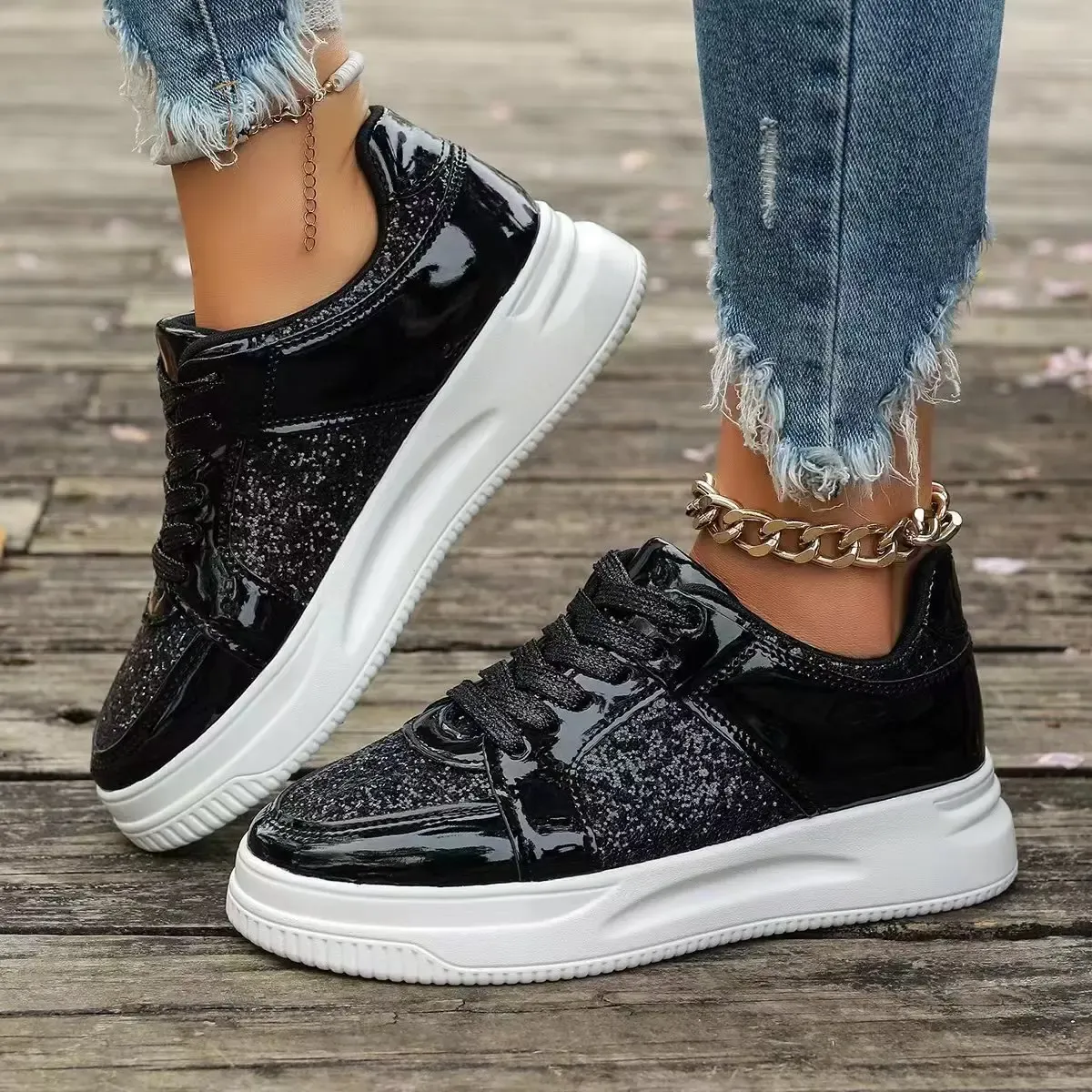 Women's Gold Sequins Platform Sneakers Autumn Fashion Casual Sports Thick Bottom Vulcanized Woman Flats Heels Shoes_voghion.com