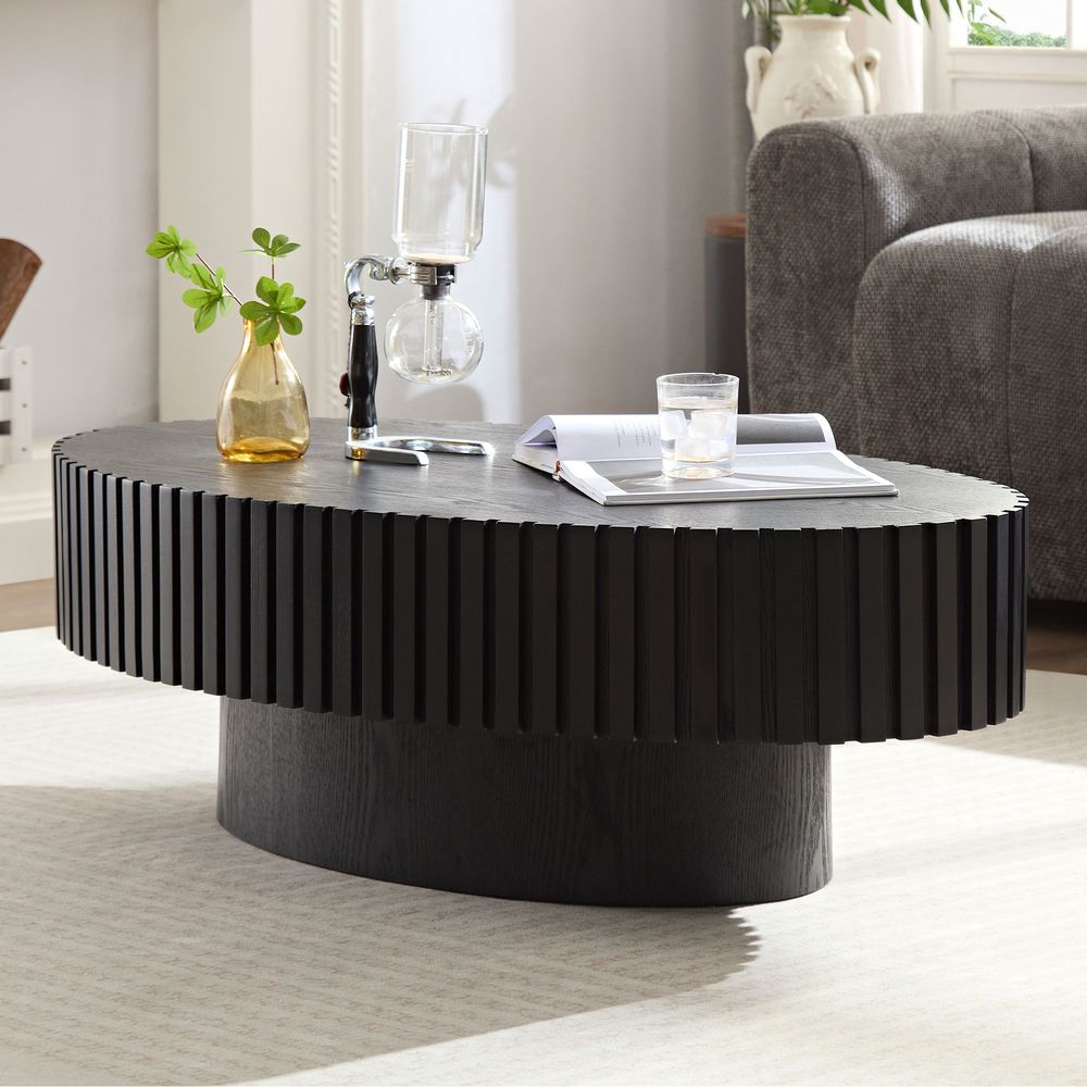Modern Handcraft Drum Coffee Table Length 43.7 Inch Ellipse Coffee Table For Living Room,Oval Small Coffee Table With Sturdy Pedestal_voghion.com