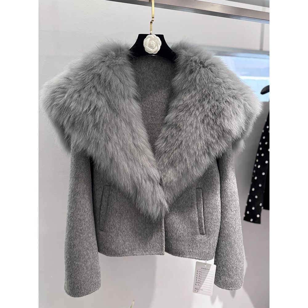 Luxury Faux Fox Fur Detachable Collar Short Coat - Reversible Wool Blend Jacket With Elegant Polo Neckline​