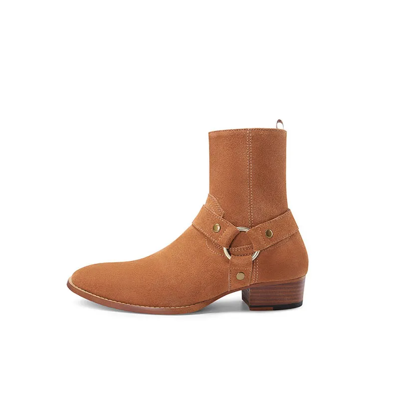 Vente chaude - Mode Biker Chaînes Cheville Hommes Bout Pointu Boucle En Cuir Marron Bottes Habillées Chaussures Hommes_voghion.com