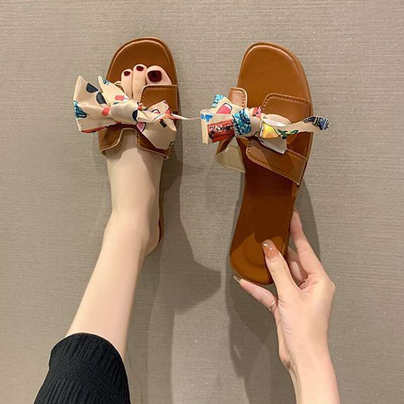 SHLIANG Colorful Ribbon Bow Flat Heel Sandals Women's Summer New Style Outer Wear Floral Pattern One-Row Slippers For Women Y0355_vogvips.com