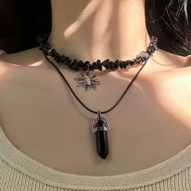 Mode 2 Stücke Goth Boho Unregelmäßigen Stein Verstellbare Kette Halskette für Frauen Vintage Suower Kristall Anhänger Choker Y2K Schmuck_voghion.com
