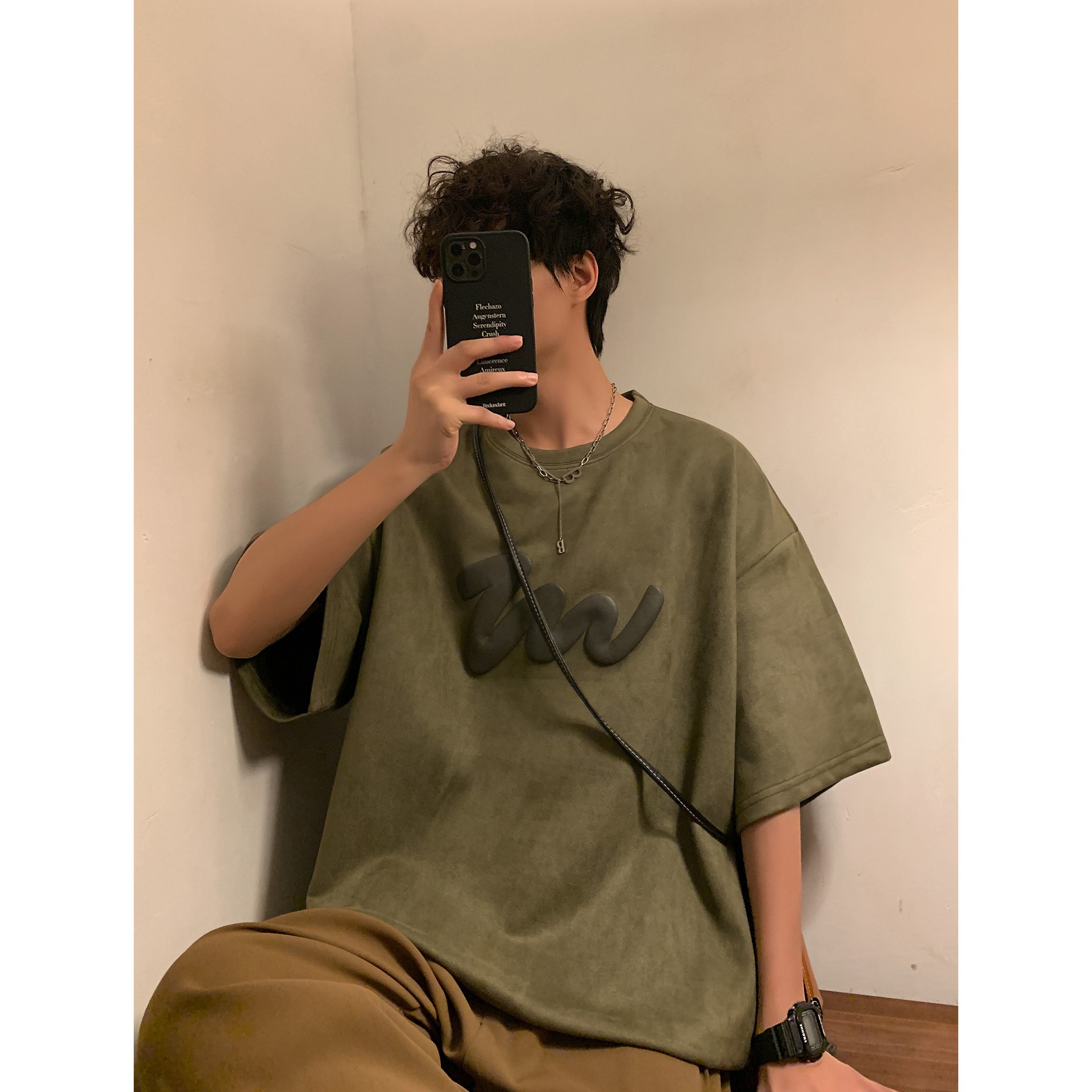 T-shirt a maniche corte pesante in stile americano per uomo, nuova estate alla moda, oversize, ampia e versatile, in pelle scamosciata, maniche corte_voghion.com